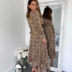 AX Paris And Cream Printed V Neck Long Sleeve Midi Dress in Brown