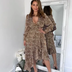 AX Paris And Cream Printed V Neck Long Sleeve Midi Dress in Brown