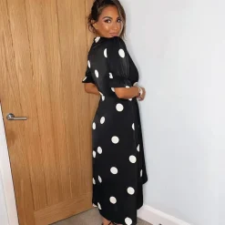 AX Paris And Stone Polka Dot Wrap Side Tie Midi Dress in Black