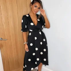 AX Paris And Stone Polka Dot Wrap Side Tie Midi Dress in Black