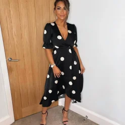 AX Paris And Stone Polka Dot Wrap Side Tie Midi Dress in Black
