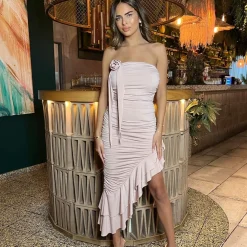 AX Paris Bandeau Ruched Asymmetrical Frill Midi Dress With Flower Detail in Nude
