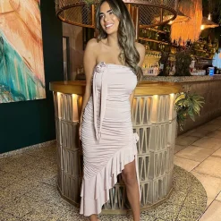 AX Paris Bandeau Ruched Asymmetrical Frill Midi Dress With Flower Detail in Nude