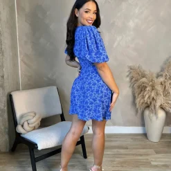 AX Paris Floral Printed Cut Out Round Neck Mini Dress in Blue