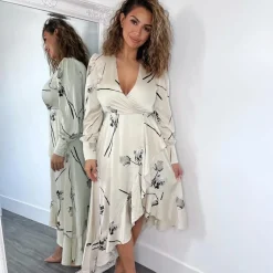 AX Paris Floral Printed Wrap Over Long Sleeve Dress in Grey