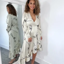AX Paris Floral Printed Wrap Over Long Sleeve Dress in Grey