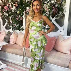AX Paris Floral Satin Ruffle Midi Dress in Green