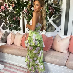 AX Paris Floral Satin Ruffle Midi Dress in Green