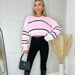 AX Paris Long Sleeve Cropped Jumper in Pink