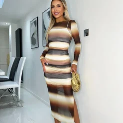 AX Paris Ombre Printed Mesh Overlay Long Sleeve Bodycon Midi Dress in Brown