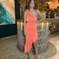AX Paris One Shoulder Ruched Asymmetrical Frill Midi Dress With Flower Details in Orange