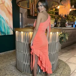 AX Paris One Shoulder Ruched Asymmetrical Frill Midi Dress With Flower Details in Orange