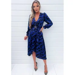 AX Paris Paris Satin Belted Blue Wrap Midi Dress in Blue