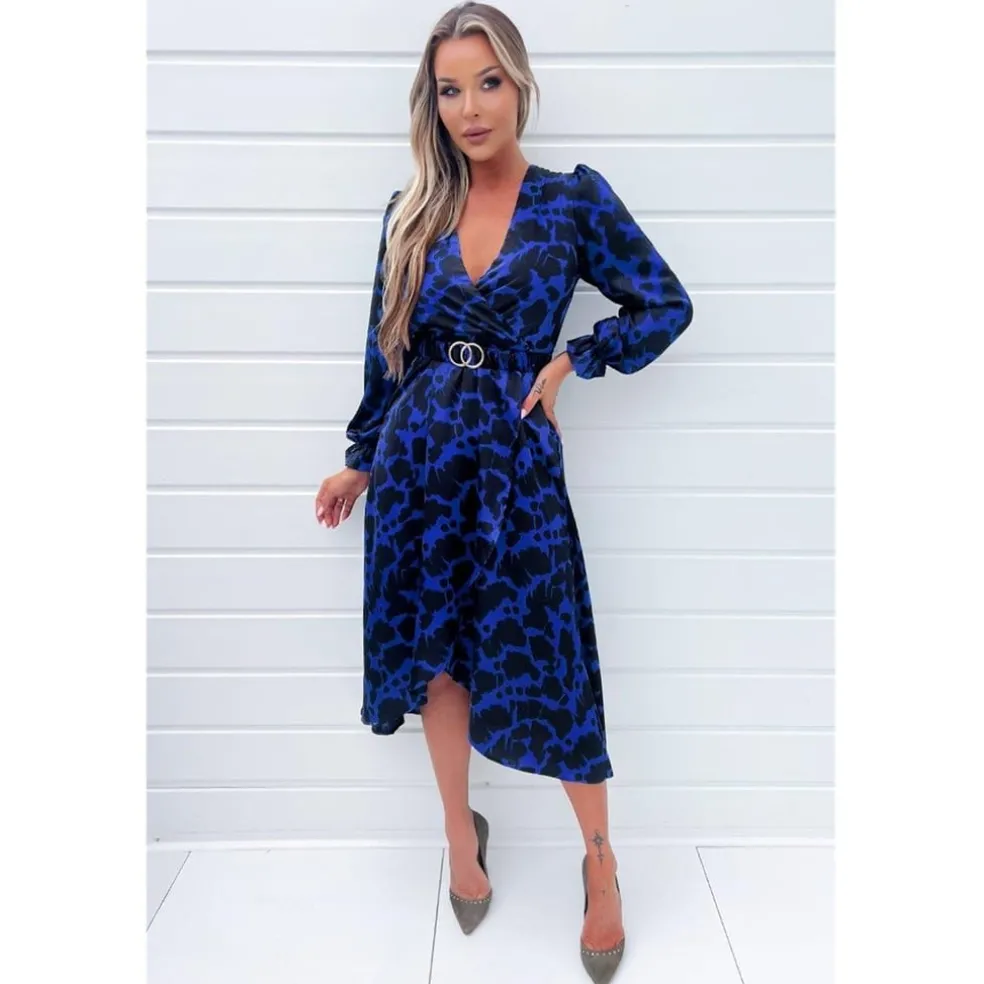 AX Paris Paris Satin Belted Blue Wrap Midi Dress in Blue