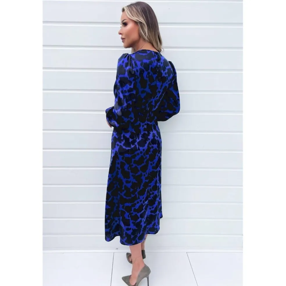 AX Paris Paris Satin Belted Blue Wrap Midi Dress in Blue