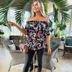 AX Paris Print Bardot Frill Sleeve Top in Multi