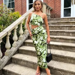AX Paris Printed Asymmetric Cut Out Midi Dress in Green