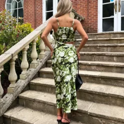 AX Paris Printed Asymmetric Cut Out Midi Dress in Green