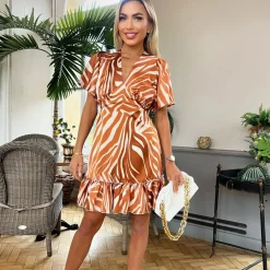 AX Paris Printed Short Sleeve V Neck Mini Dress in Brown