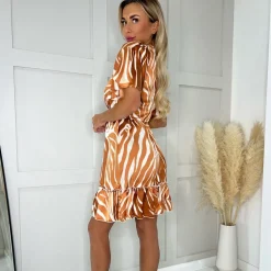 AX Paris Printed Short Sleeve V Neck Mini Dress in Brown