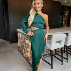 AX Paris Shoulder Asymmetric Hem Cut Out Midi Dress in Green