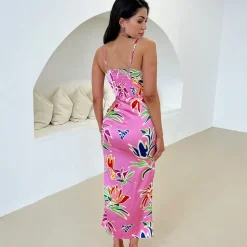 AX Paris Tropical Print Cowl Neck Ruched Side Strappy Midi Dress in Pink