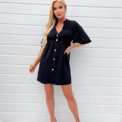 AX Paris Up Ruched Detail Smock V Neck Dress in Black