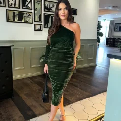 AX Paris Velvet One Sleeve Ruched Midi Dress in Green