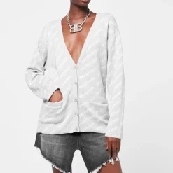 Balenciaga Lettering V Neck Relaxed Fit Sweater in Grey