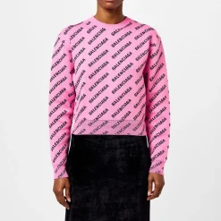 Balenciaga Logo Jacquard Cotton Blend Crewneck Jumper in Pink