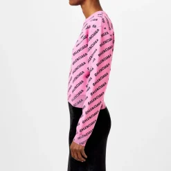 Balenciaga Logo Jacquard Cotton Blend Crewneck Jumper in Pink