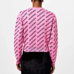 Balenciaga Logo Jacquard Cotton Blend Crewneck Jumper in Pink