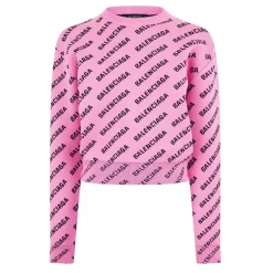 Balenciaga Logo Jacquard Cotton Blend Crewneck Jumper in Pink