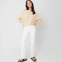 Be You Batwing Boat Neck Three Quarter Sleeve Sweater in Cream