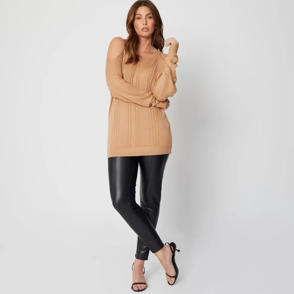 Be You Cold Shoulder Fine Knit Jumper in Neutral