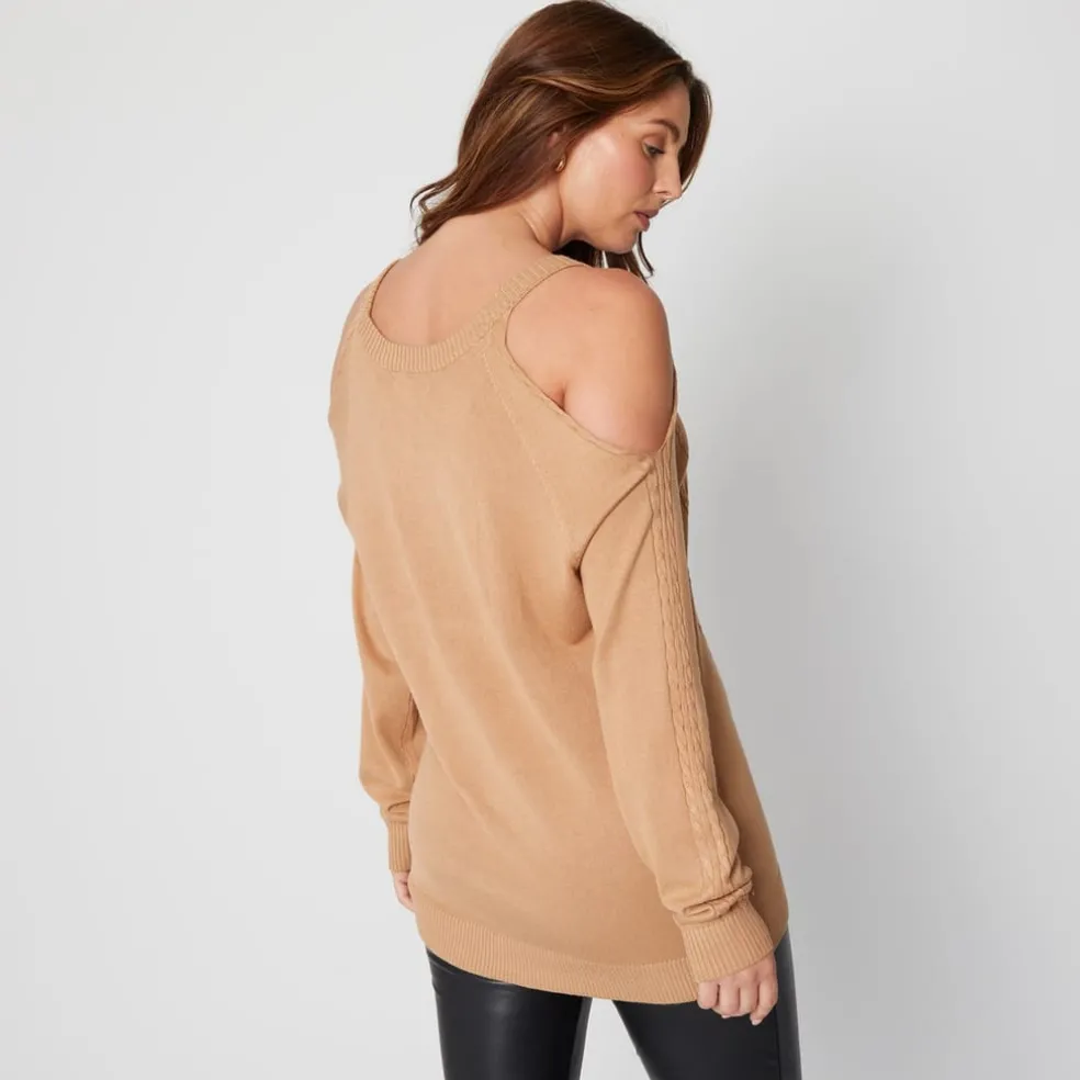 Be You Cold Shoulder Fine Knit Jumper in Neutral