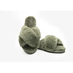 Be You Faux Fur Cross Over Slipper in Green