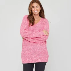 Be You V-Neck Relaxed Fit Heathered Sweater in Pink