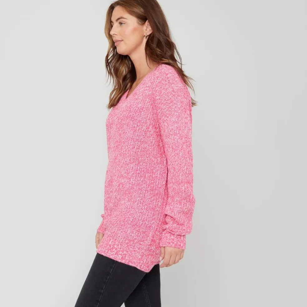 Be You V-Neck Relaxed Fit Heathered Sweater in Pink