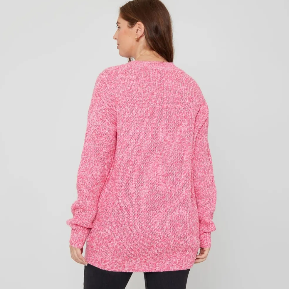 Be You V-Neck Relaxed Fit Heathered Sweater in Pink