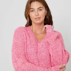 Be You V-Neck Relaxed Fit Heathered Sweater in Pink