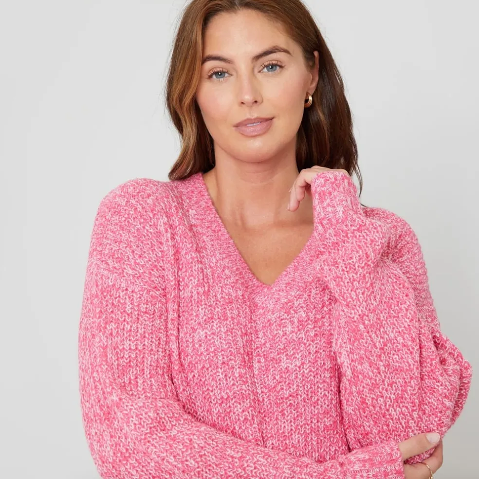 Be You V-Neck Relaxed Fit Heathered Sweater in Pink