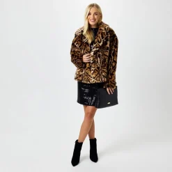 Biba Short Faux Fur Jacket in Brown