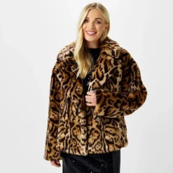 Biba Short Faux Fur Jacket in Brown
