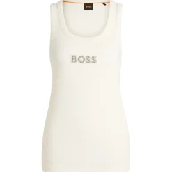 Boss Crystal Logo Ribbed Tank Top in Cream