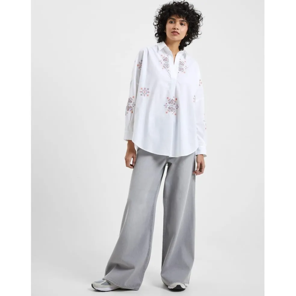 French Connection Embroid Notched Neck Relaxed Fit Shirt in White