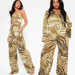 I Saw It First Printed Wide Leg Satin Trousers Co Ord in Green