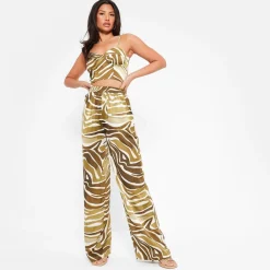 I Saw It First Printed Wide Leg Satin Trousers Co Ord in Green