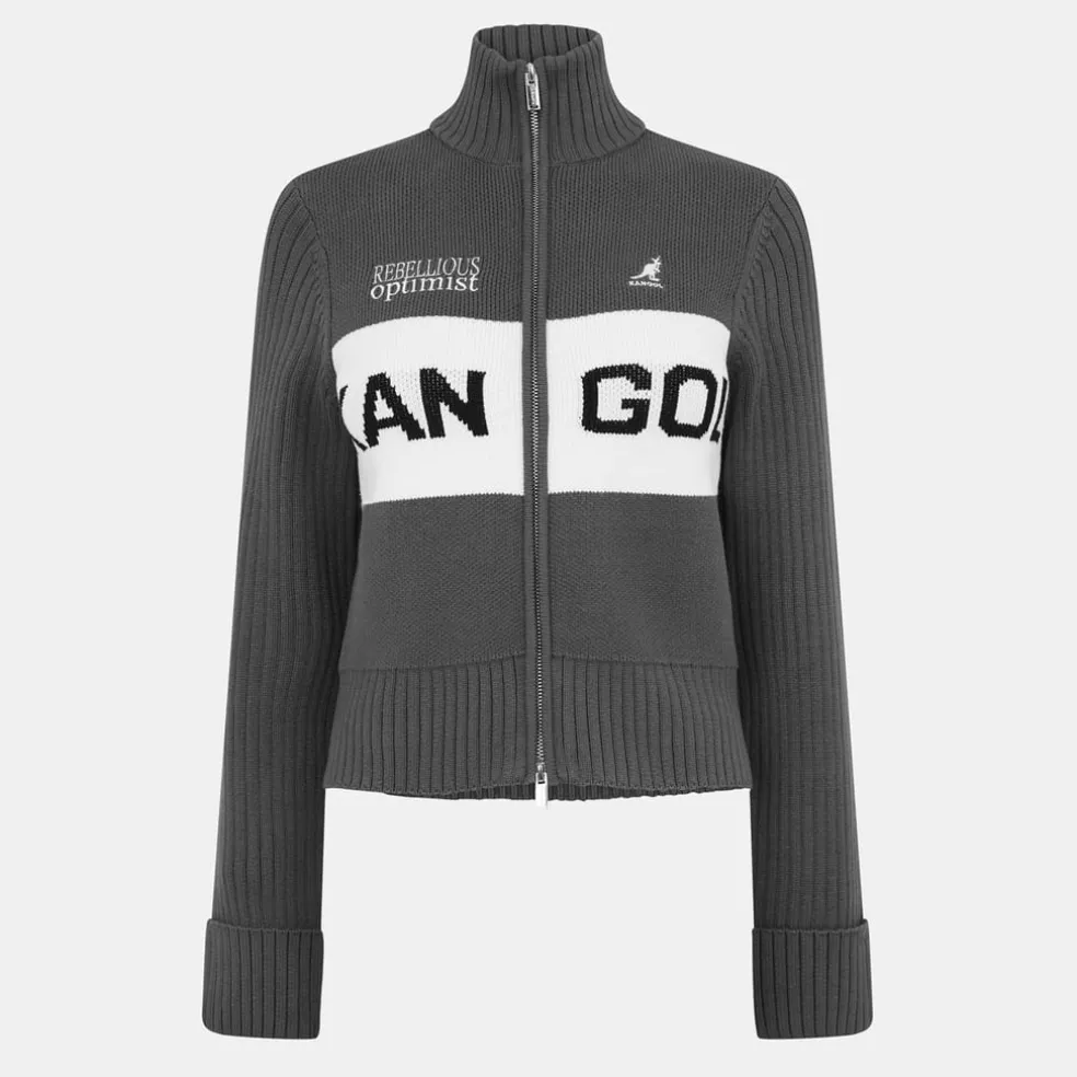 Kangol Logo Turtleneck Rib Knitted Full Zip Cardigan in Black