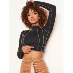 Missy Empire Contrast Stitch Long Sleeve Crop Top in Black